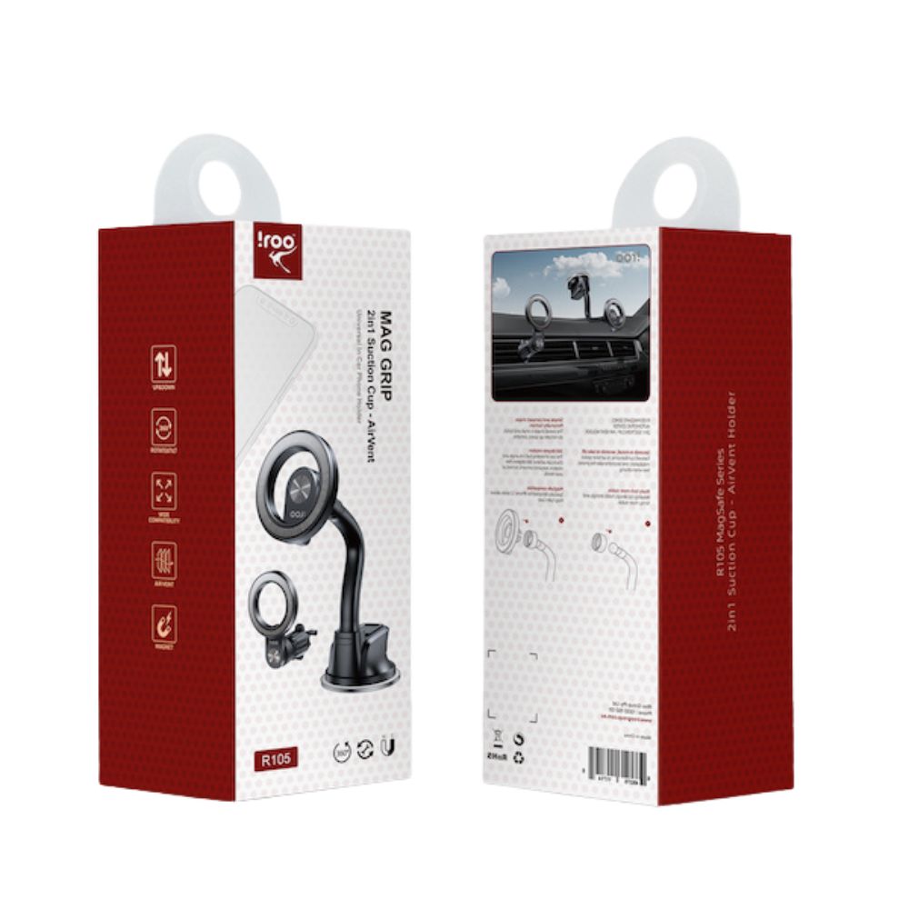 iRoo R105 2in1 Magsafe Windscreen/Air Vent Phone Holders -Suction Cup - Black