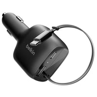 Thumbnail for Belkin BoostCharge 75W 2-Port Car Charger-with Retractable USB-C Cable - Black