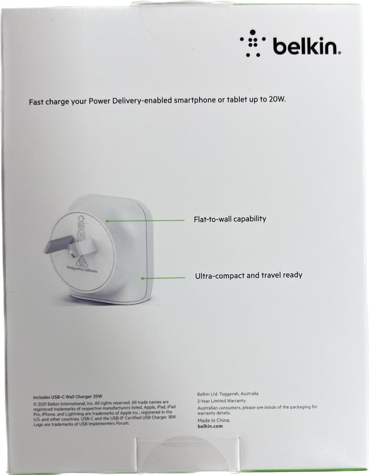 Belkin 20W USB-C PD Wall BoostCharger for Apple, Samsung + Universal - White