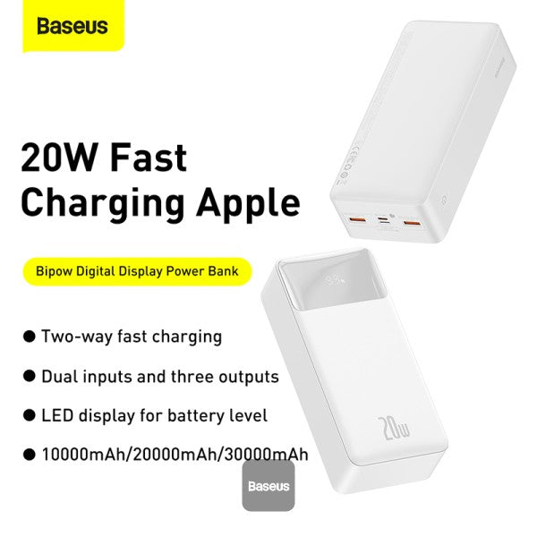 Baseus 20W 30000mAh Bipow Digital Display Power bank - White