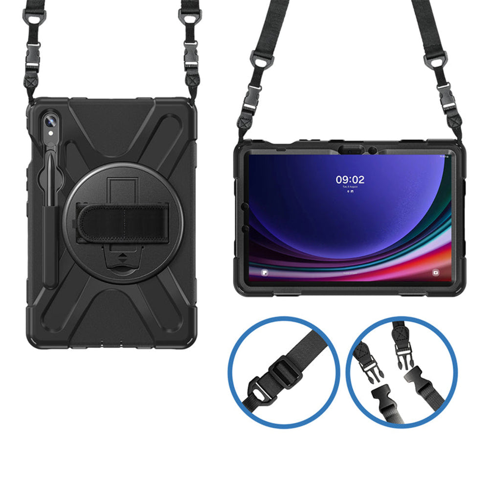 Samsung (Strike) Rugged Case with Hand Strap and Lanyard for Galaxy Tab S10 Lite/S10 FE/S9 FE/S9/S8/S7 - Black