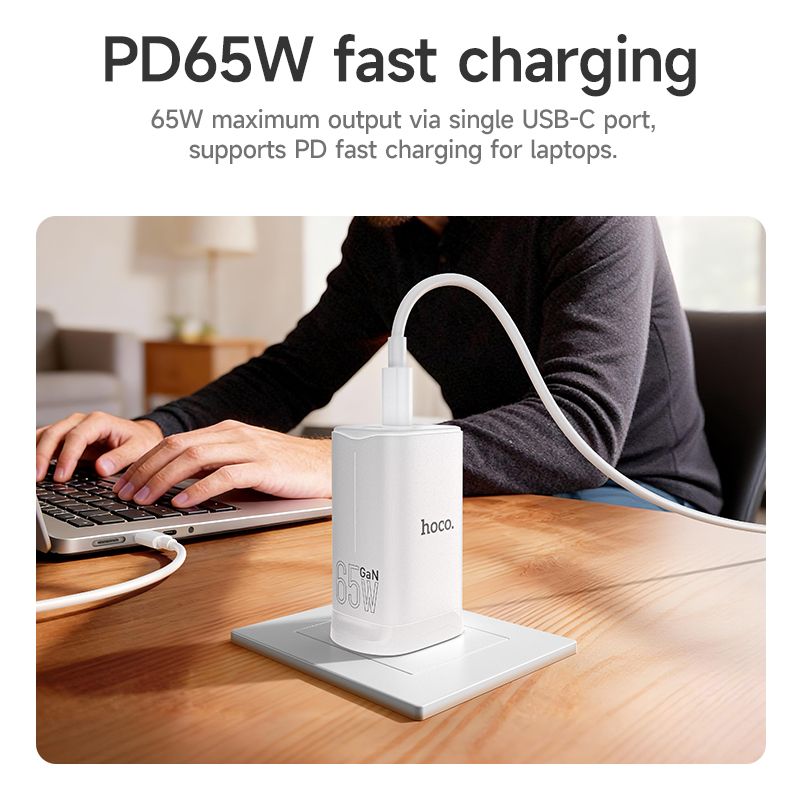 HOCO DNU5 GaN 65W 3-in-1 Power Aadapter With Smart IC - White