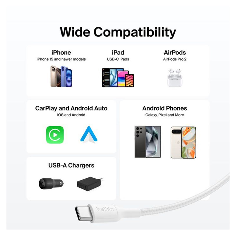 Belkin BoostCharge Pro USB-A to USB-C 2.0 Braided Cable 1m - White