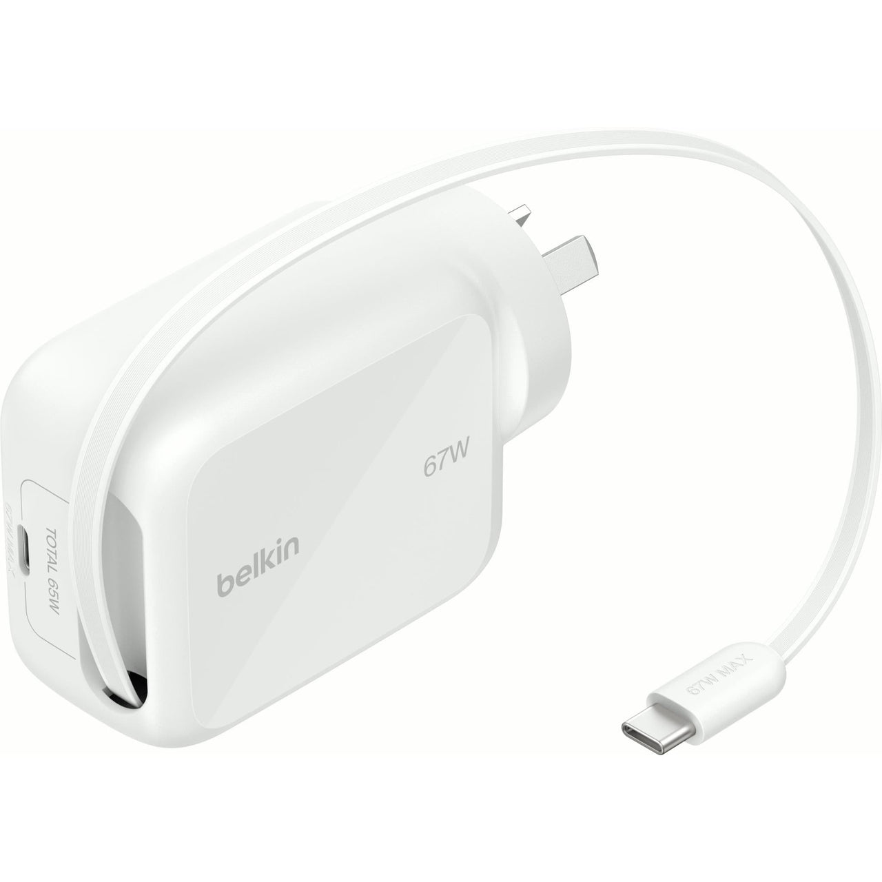 Belkin BoostCharge Pro Retractable GaN Wall Charger 67W - White