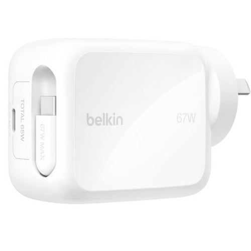 Belkin UltraCharge Retractable Dual 67W USB-C GaN Wall Charger - White