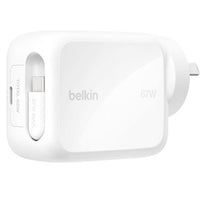 Belkin UltraCharge Retractable Dual 67W USB-C GaN Wall Charger - White