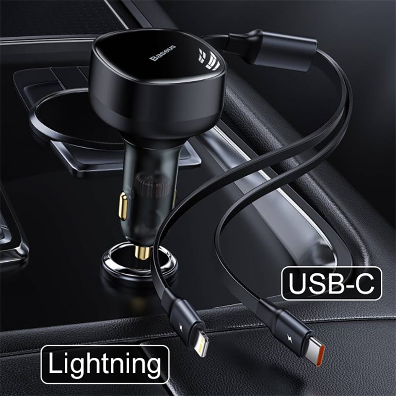 Baseus iPhone iPad 30W Car Charger with Retractable USB Type-C + Lightning Cable