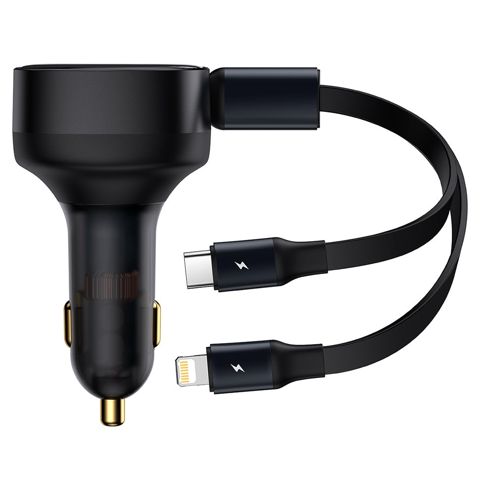 Baseus iPhone iPad 30W Car Charger with Retractable USB Type-C + Lightning Cable