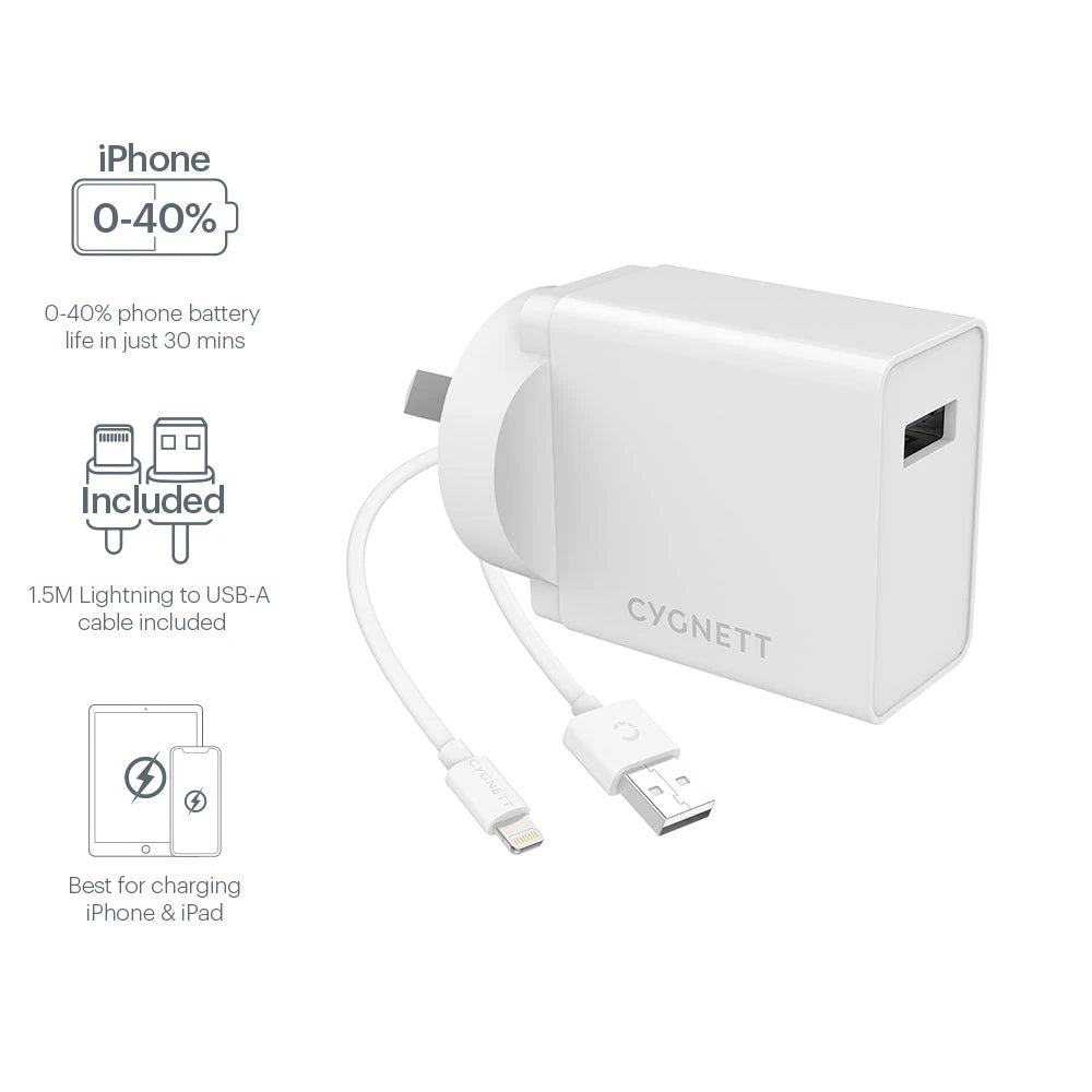 Cygnett PowerPlus 12W Fast Charge Wall Adapter w Lightning Cable - White