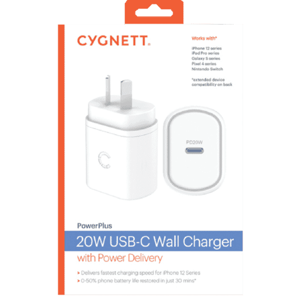 Cygnett 20W USB-C PD AC Wall Charger for iPhone and iPad - White