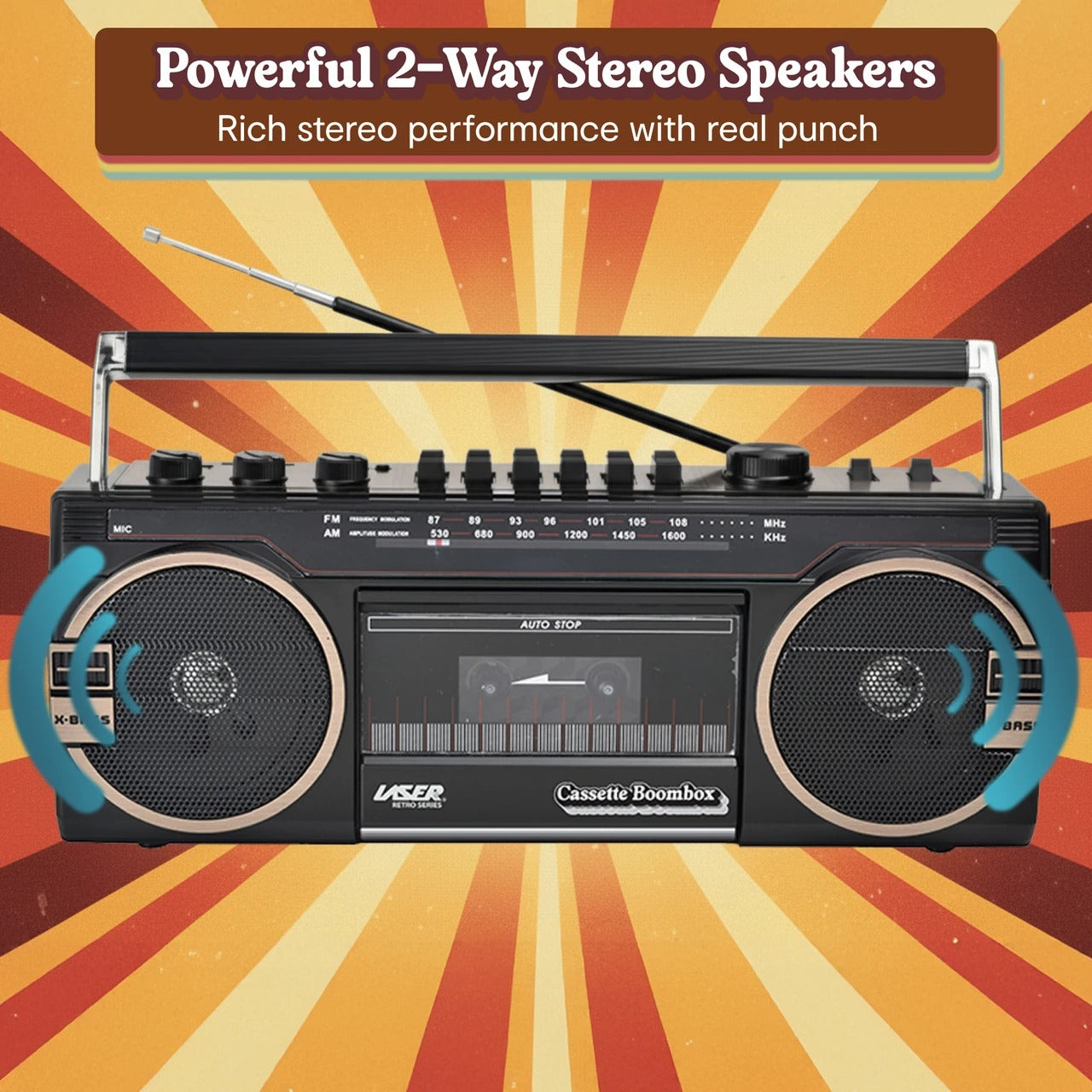 Laser Retro Cassette Boombox with AM FM Radio - Black