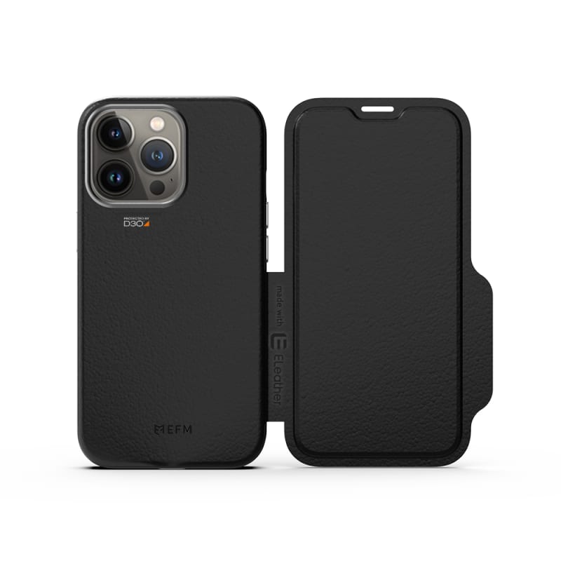 EFM Monaco Leather Wallet Case Armour with D3O 5G Signal Plus for iPhone 13 Pro Max (6.7") - Black