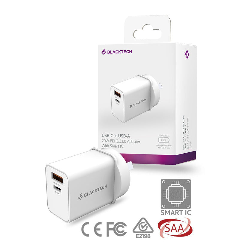 Blacktech 20W Dual Port USB-C PD QC3.0 Fast Wall Charger Adapter with Smart IC  - White