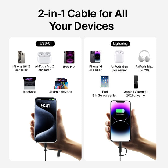 Belkin BoostCharge Pro 2in1 Cable with USB-C and Lightning Connector- Black