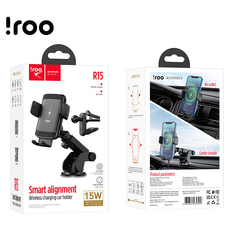 iRoo R15: 15W Smart Alignment Fast Wireless Charging Windscreen/Dashboard Holder