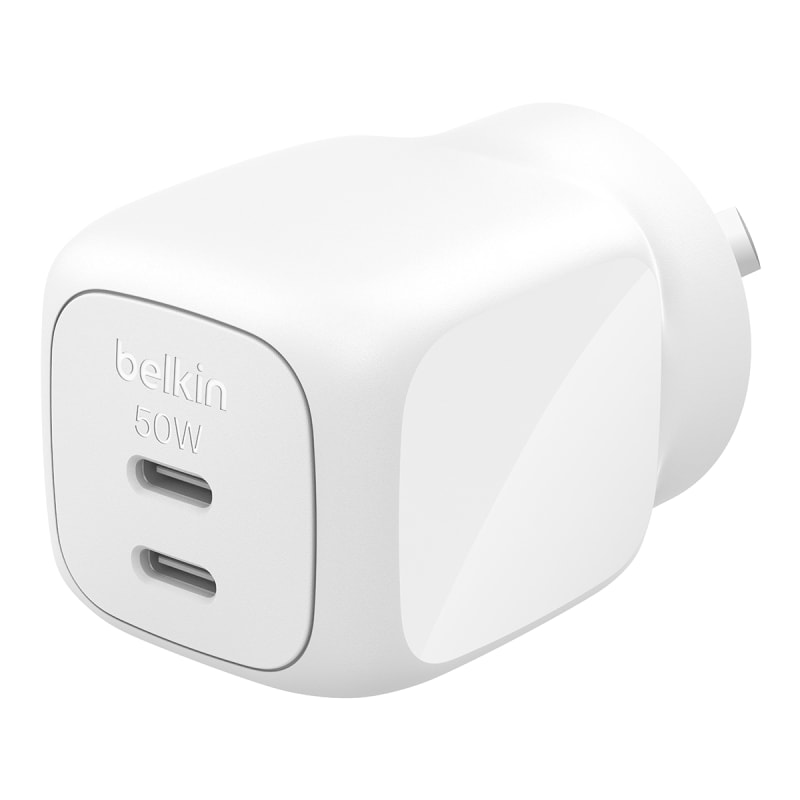 Belkin Boostcharge 50w Gan Wall Charger with Dual Port USB-C Output- White