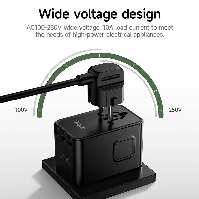 Hoco Travel Adapter 100W GaN with Fast Charging 4 Port Type-C and USB-A  - Black