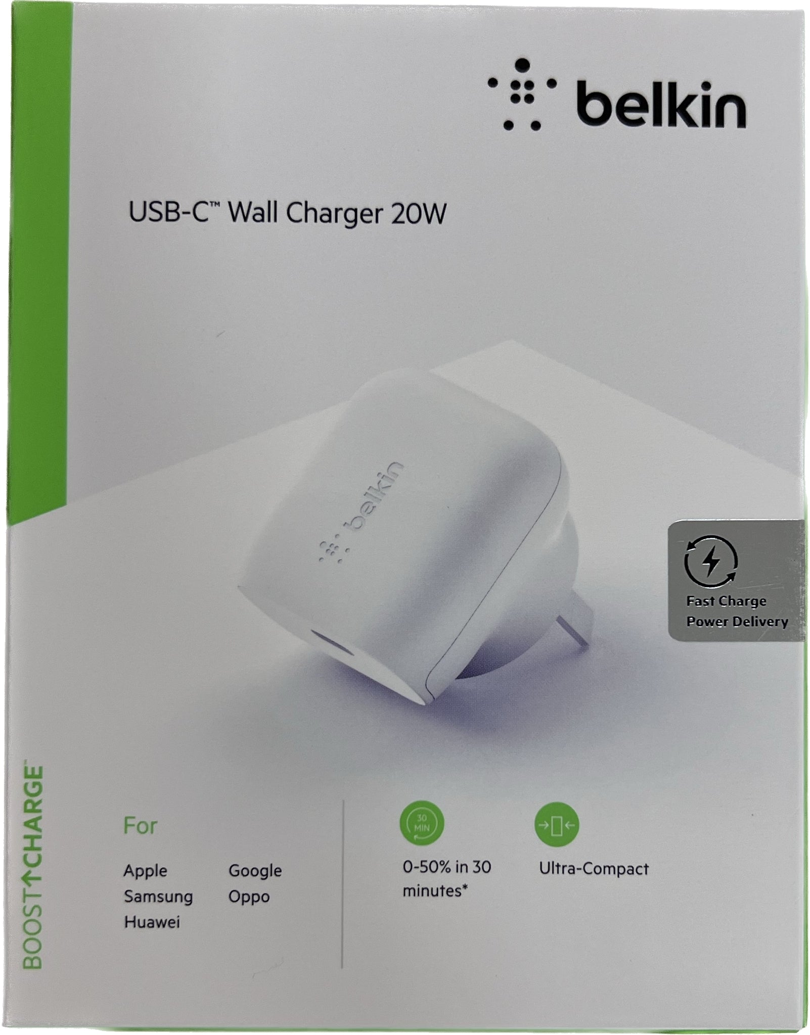 Belkin 20W USB-C PD Wall BoostCharger for Apple, Samsung + Universal - White