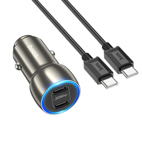 Hoco Z48 40W Dual Port USB-C Metal Car Charger With Lightning Cable - Gray