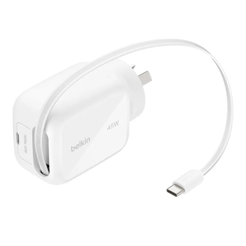 Belkin BoostCharge Pro Wall Charger 45W GaN with retractable cable - White