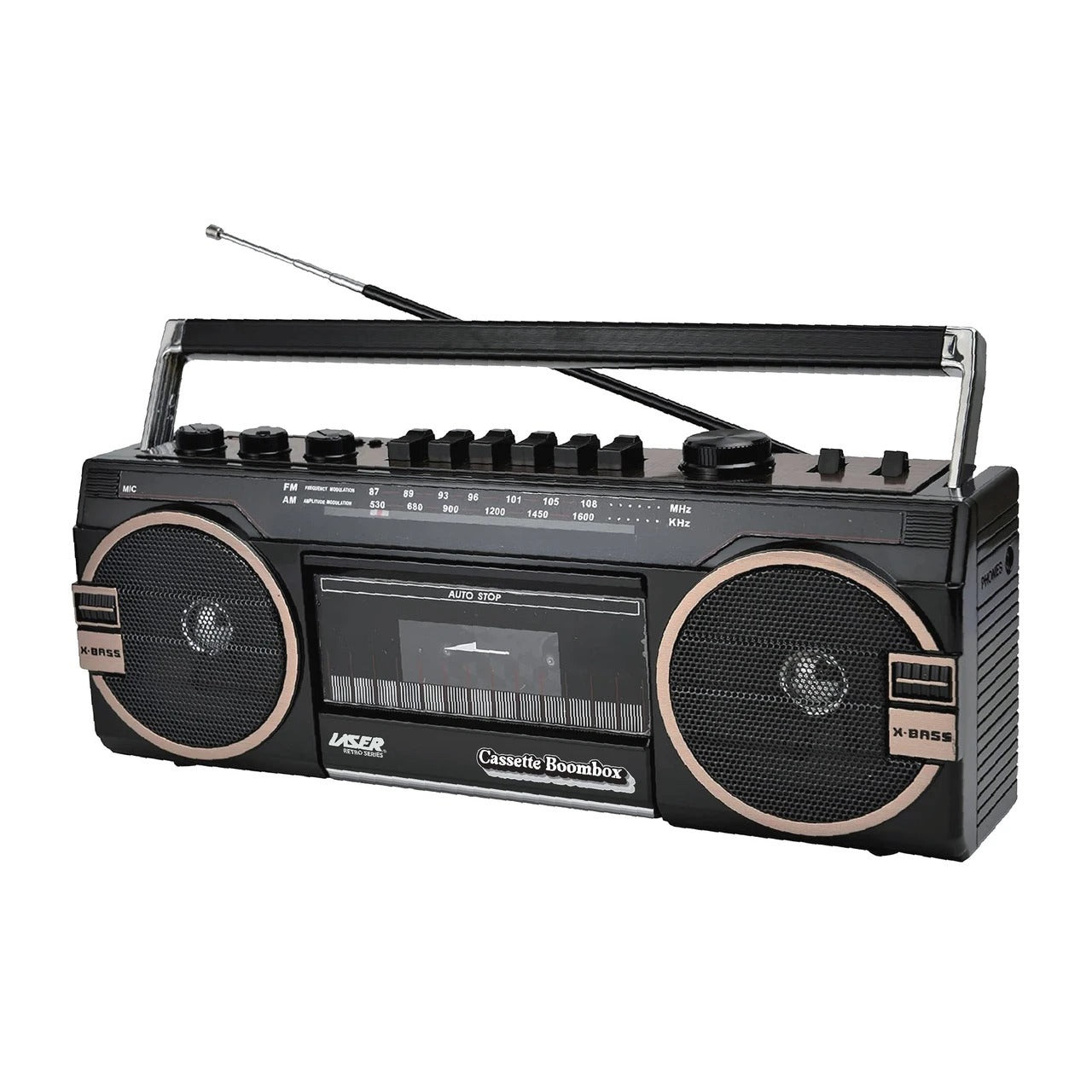 Laser Retro Cassette Boombox with AM FM Radio - Black