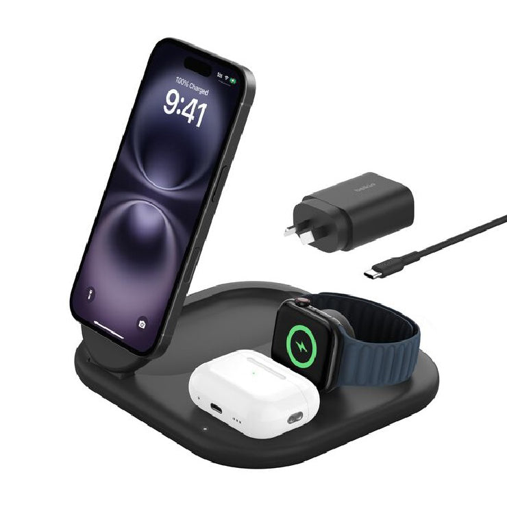 Belkin BoostCharge 3-in-1 Magnetic Foldable Wireless Charger 15W with Qi2- Black