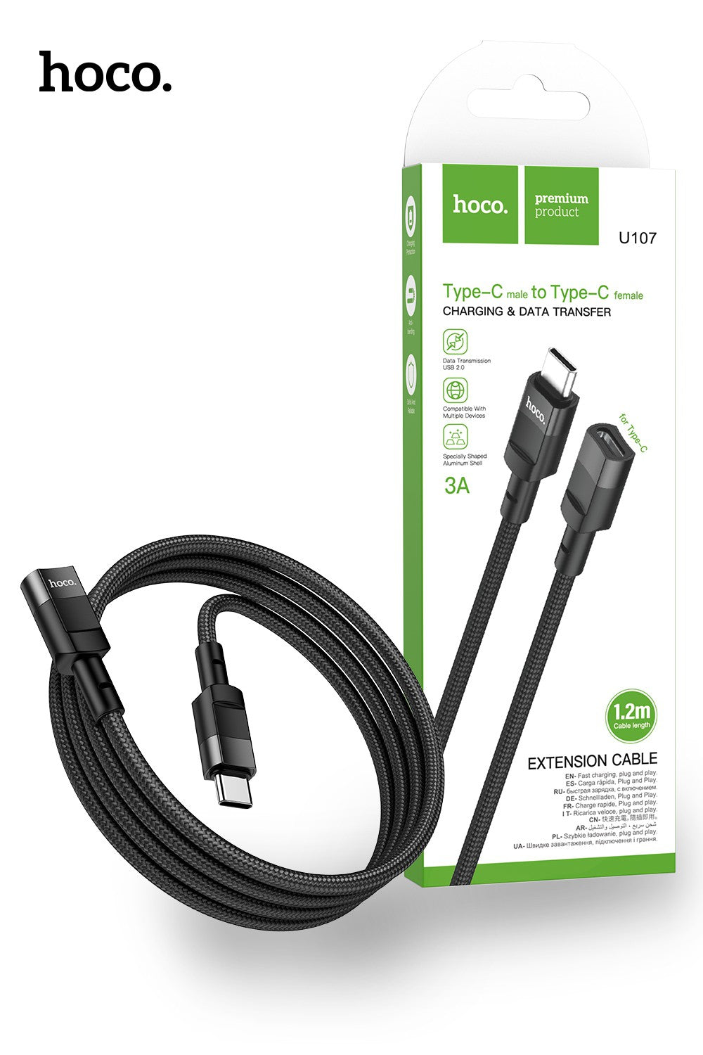 Hoco U107 USB-C Extension Cable  Braided 120cm (1.2m) - Black
