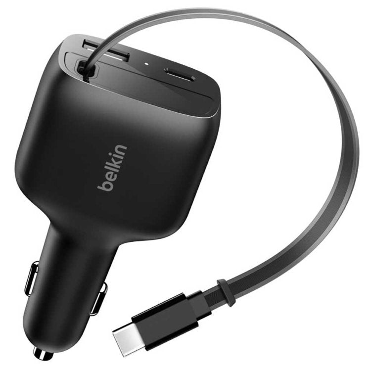 Belkin BoostCharge 75W 2-Port Car Charger-with Retractable USB-C Cable - Black