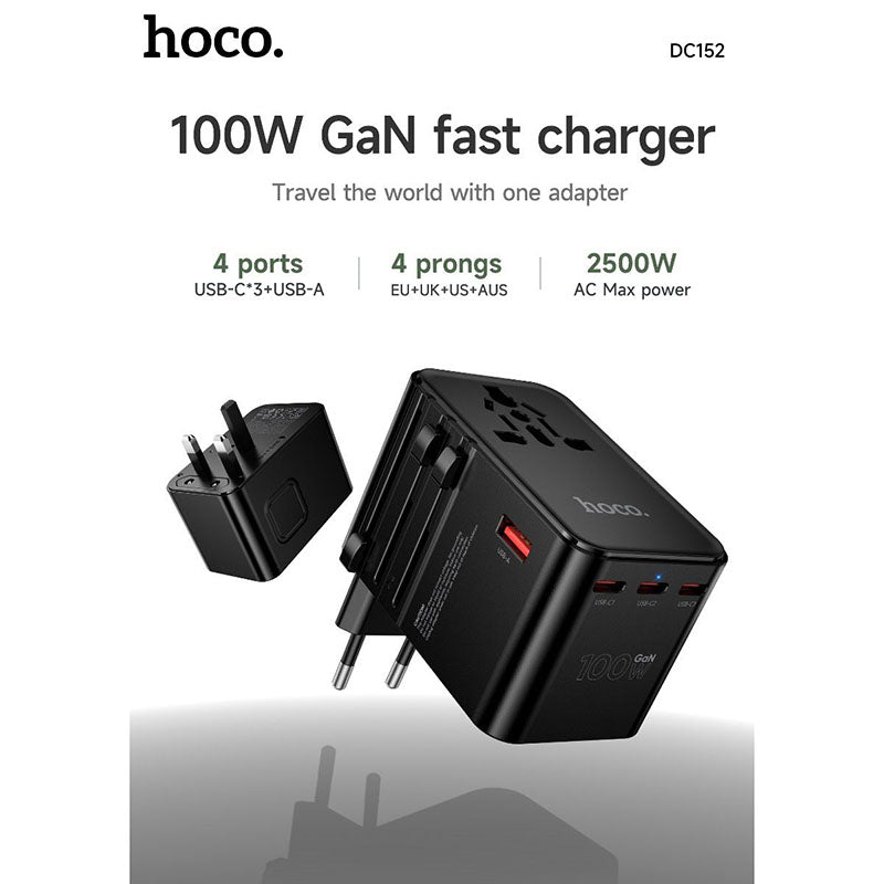 Hoco Travel Adapter 100W GaN with Fast Charging 4 Port Type-C and USB-A  - Black