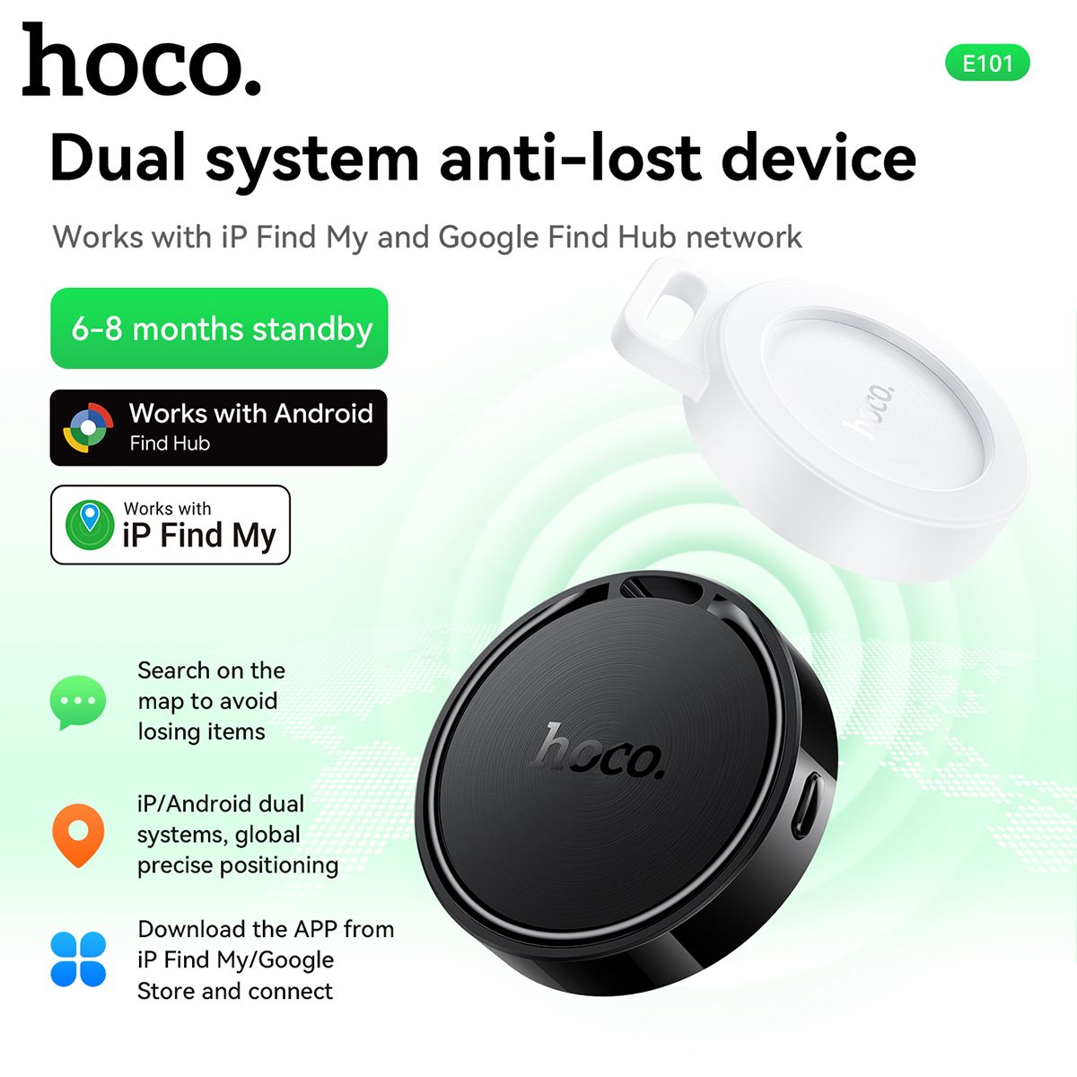 HOCO E101 Dual Anti-Lost Tracker (iOS and Android) - Black