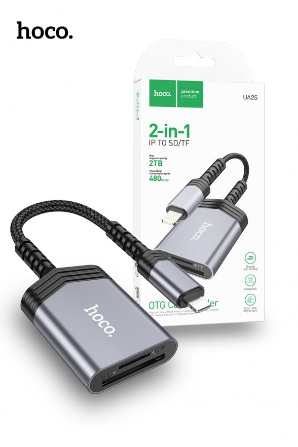 Hoco UA25L Lightning 2 in 1 Card Reader - Gray