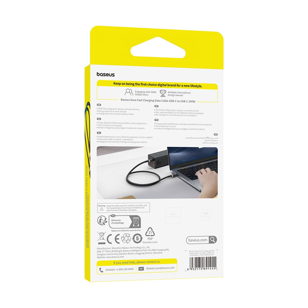 Baseus Dura Fast Charging Data Cable USB-C to USB-C 240W 1M for 15 / 16 / 17 Series - Gold Black