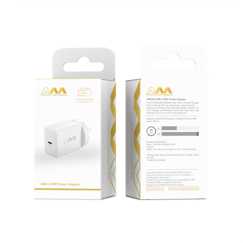Australian mobile USB-C 20W Power Adapter - White (SAA APPROVED)