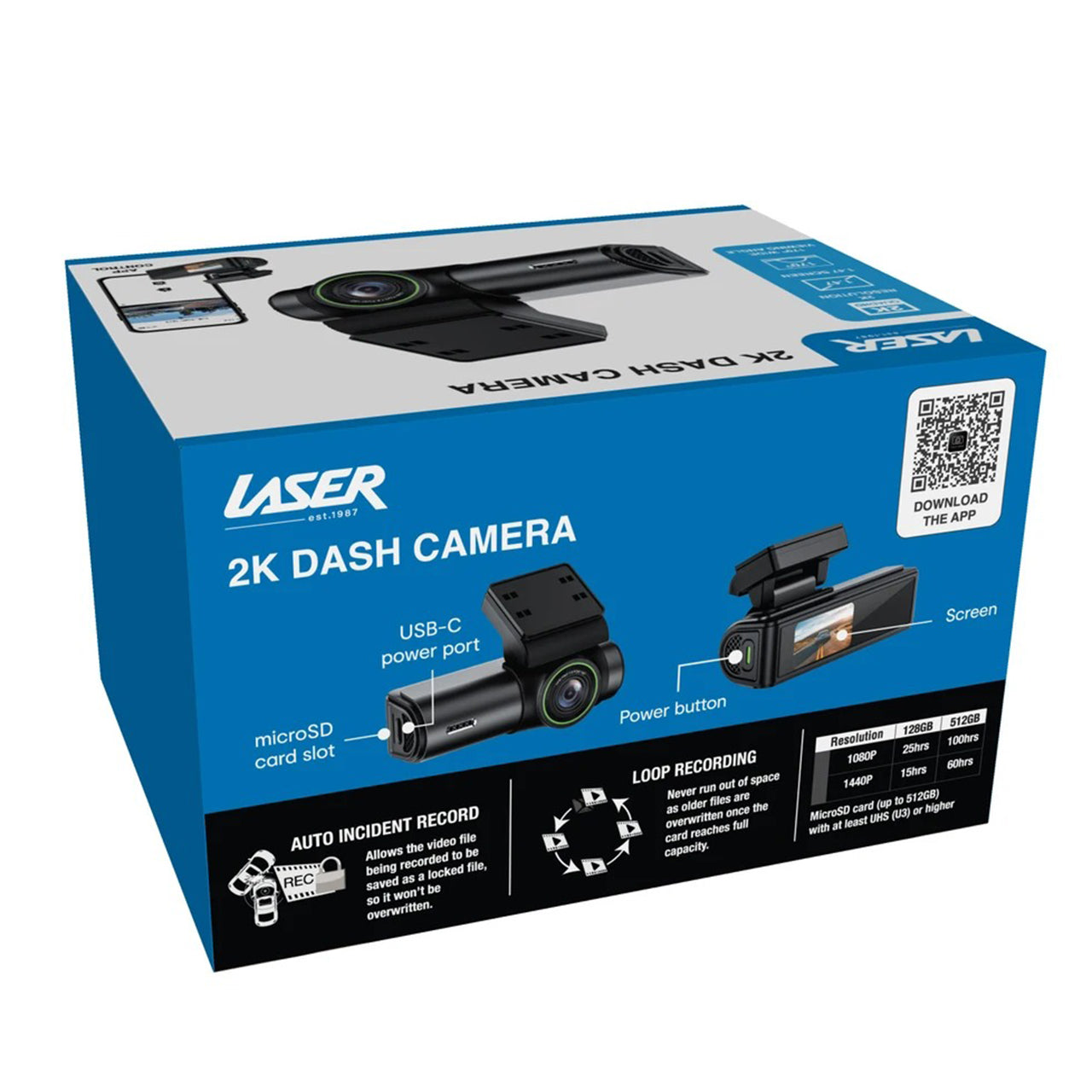 Laser 2K Dash Camera WiFi App Control - Black