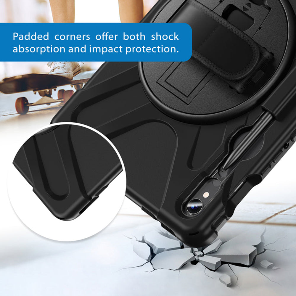 Samsung (Strike) Rugged Case with Hand Strap and Lanyard for Galaxy Tab S10 Lite/S10 FE/S9 FE/S9/S8/S7 - Black
