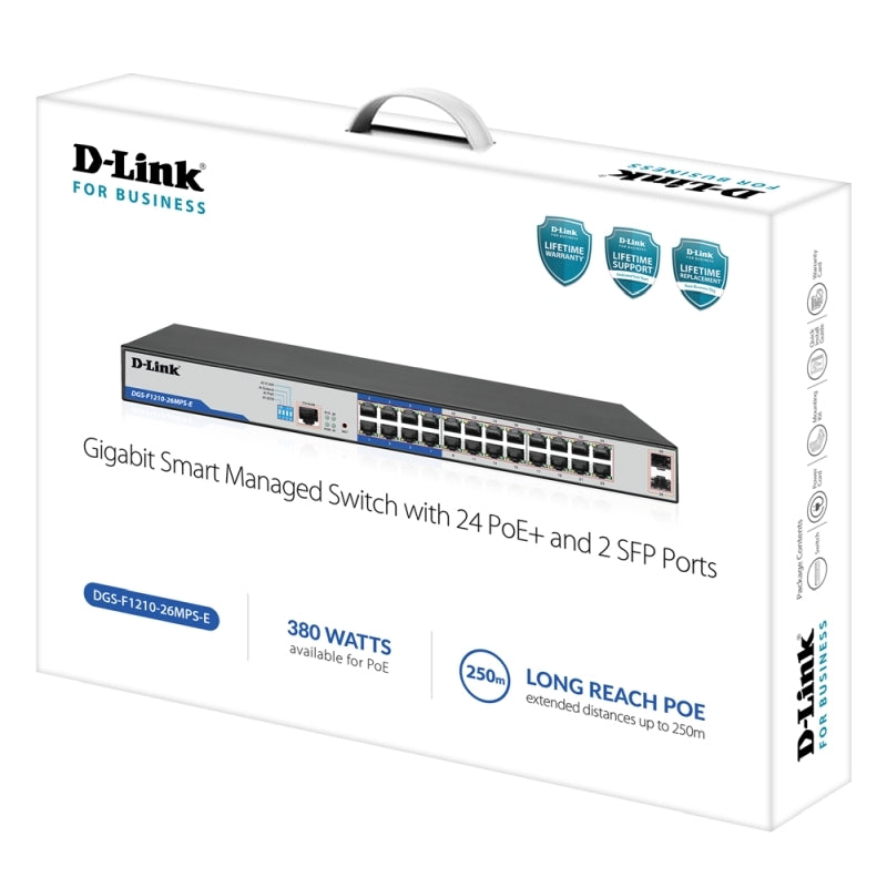 D-Link 26-Port Gigabit Smart Managed PoE+ Switch with 24 PoE+ Ports (8 Long Reach) + 2 SFP Ports - Grey