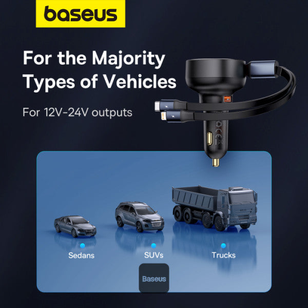 Baseus Enjoyment Pro Series Car Charger USB-A Port + Type-C & Lightning Retractable Cable 60W  - Black