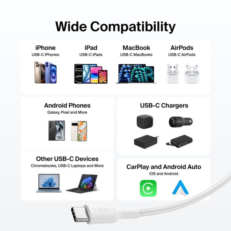 Belkin Boost Charge Pro USB-C to C 240W Braided Cable 1m Universally Compatible - White