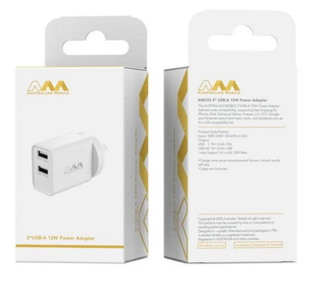 Australian Mobile DUAL Port USB-A 12W Power Wall Adapter Charger - White