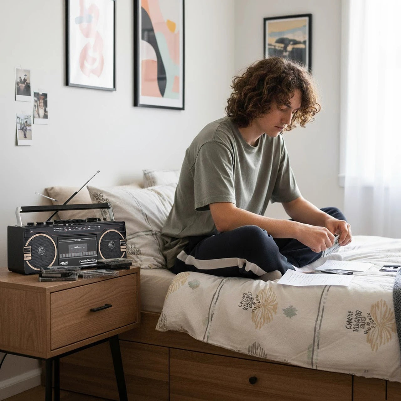 Laser Retro Cassette Boombox with AM FM Radio - Black