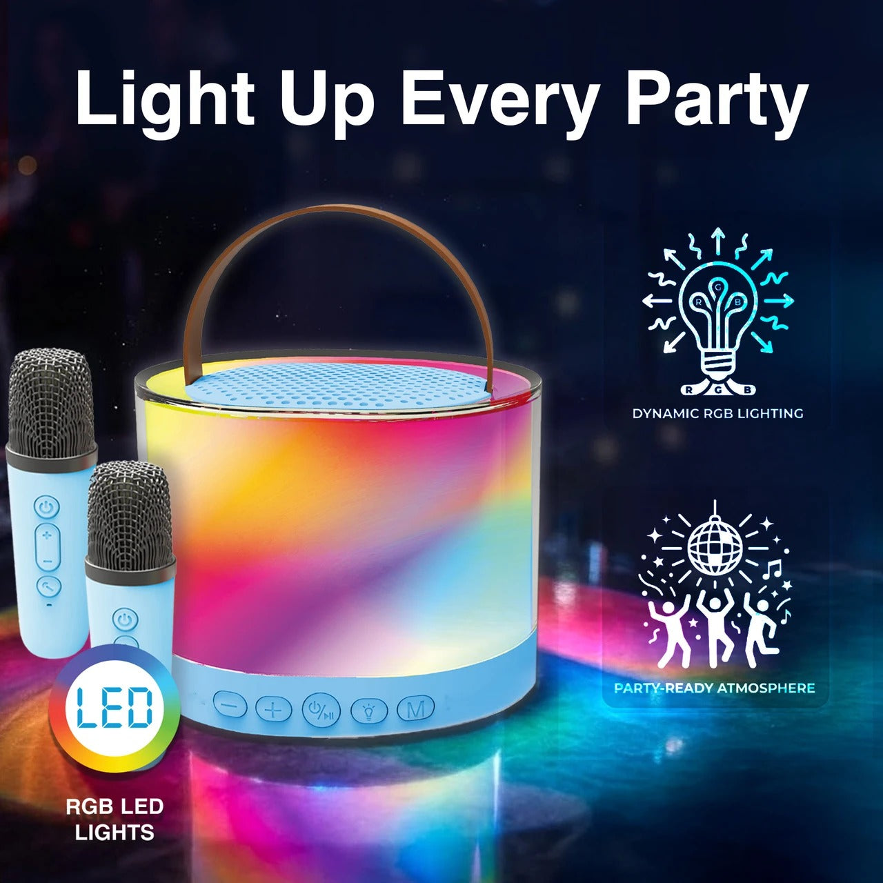 Laser Mini RGB Karaoke Speaker with 2 Wireless Mics - Blue