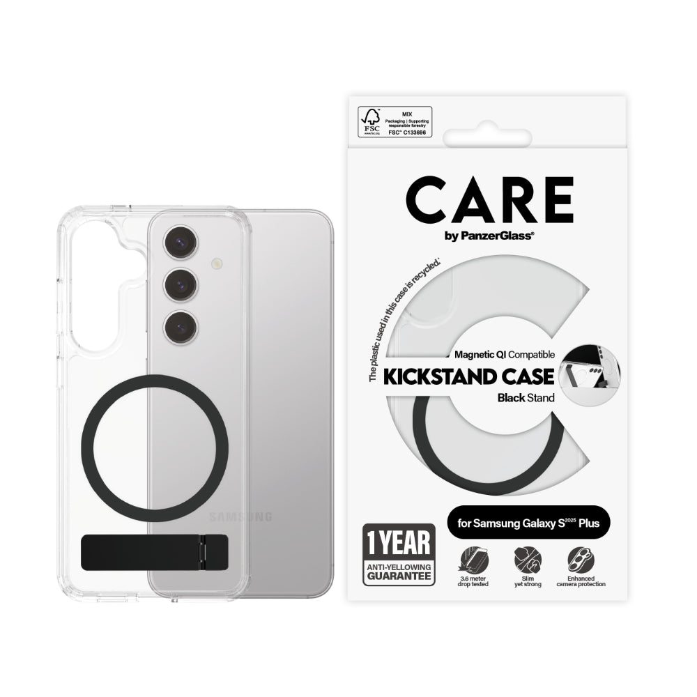PanzerGlass CARE Kickstand with Magsafe Case for Samsung Galaxy S25 Plus- Clear/Black