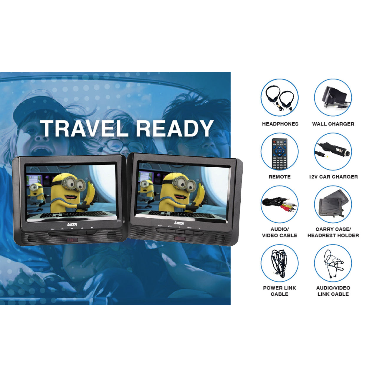 Laser 9" Dual Screen Portable DVD Player for Car- Black