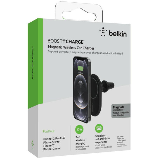 Belkin BoostCharge 10W Magnetic Wireless Car Charger Vent Mount - Black