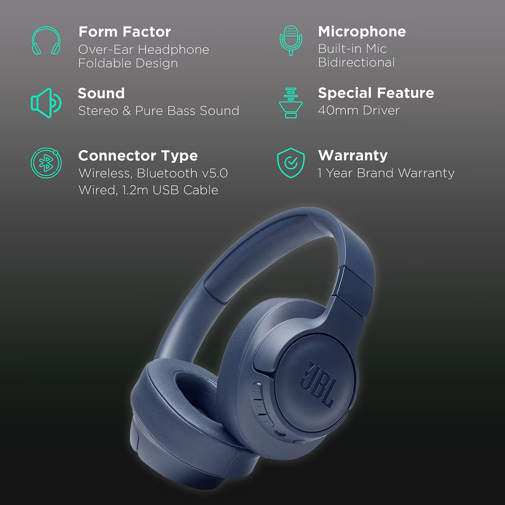 JBL Tune 710BT Wireless Over-Ear Headphones - Blue