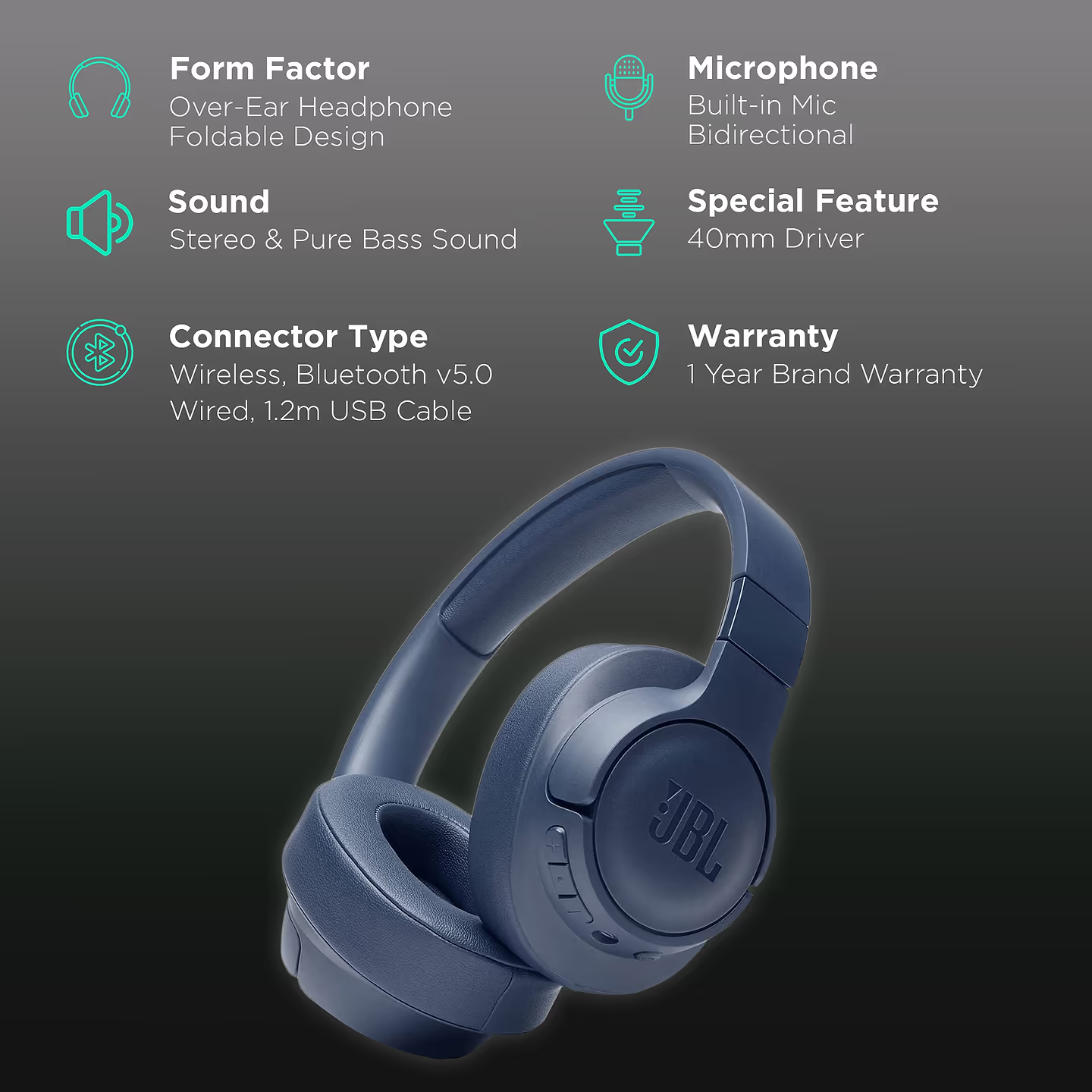 JBL Tune 710BT Wireless Over-Ear Headphones - Blue