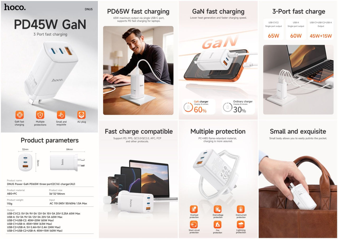 HOCO DNU5 GaN 65W 3-in-1 Power Aadapter With Smart IC - White
