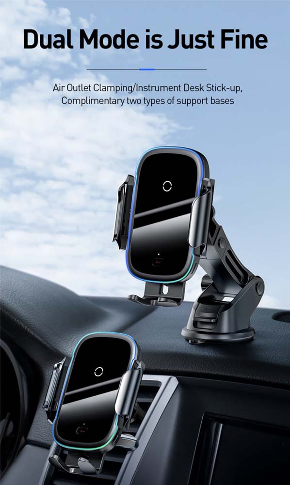 Baseus 15W Wireless Fast Charger Air Vent & Suction Car Mount with Sensor Clamp