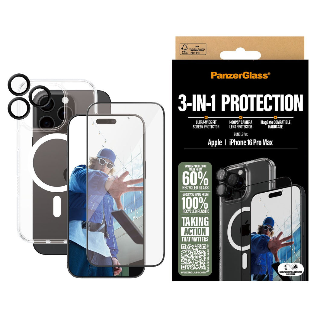 PanzerGlass 4-in-1 Protection Bundle(Screen|Lens|Case) for iPhone 16 Pro Max - Clear