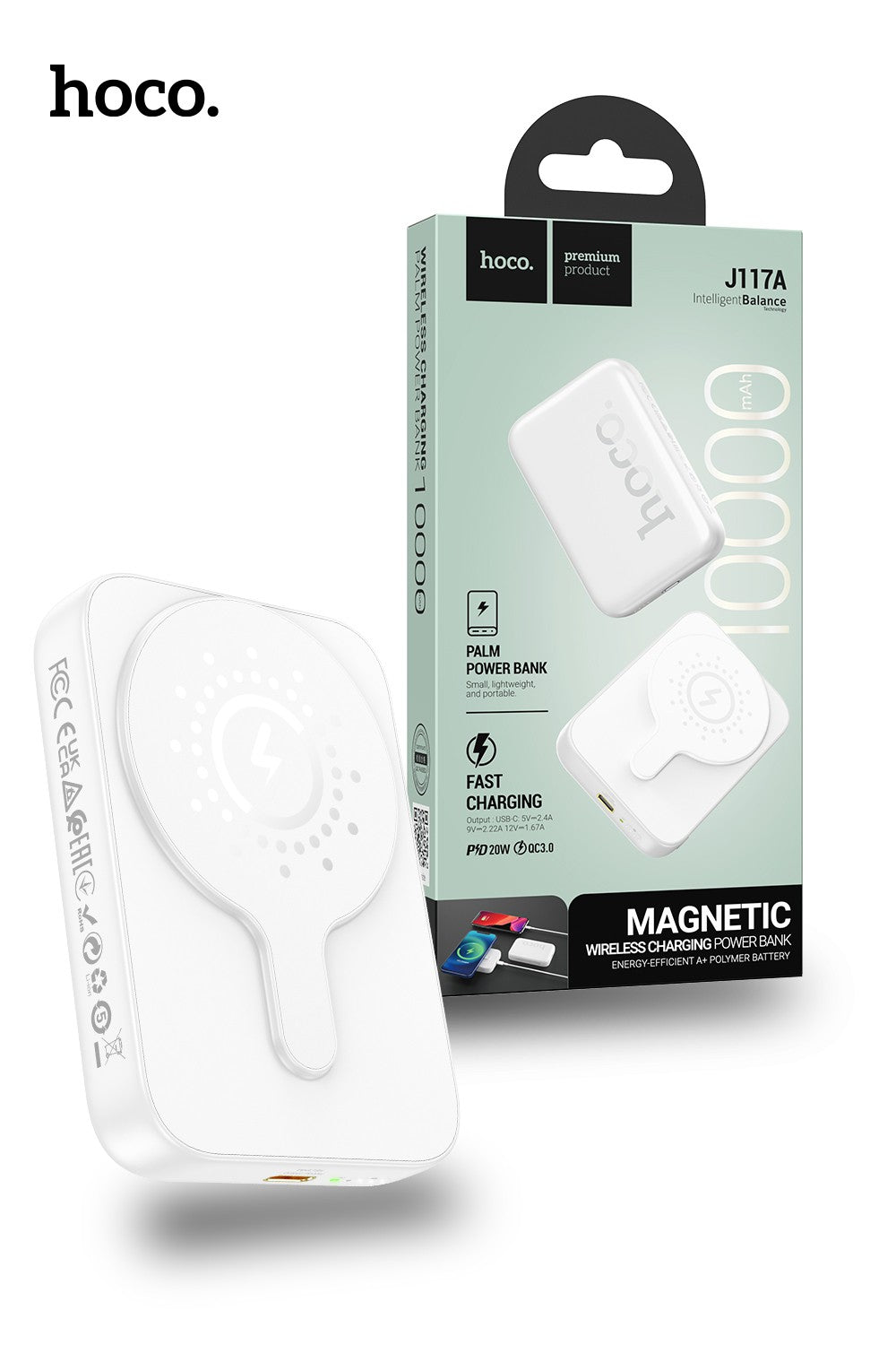 Hoco J117A-10W 20W 10000mAh Magnetic Wireless Charging Power bank - White